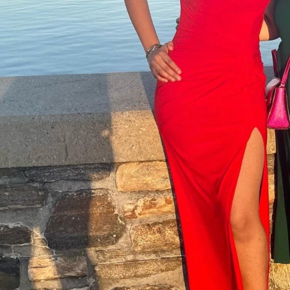 Ieena for Mac Duggal Red Sleeveless Side Knot Jersey Gown Thigh High Slit Dress - Picture 4 of 5